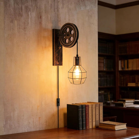Retro Industrial Wall Sconce Set in Antique Brass Vintage Plug In Lantern Lights near bookshelf