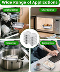 Collage showing uses for Five Piece Stainless Steel Storage Containers Set With Clear Lids in dishwasher, microwave, steamer, bento box