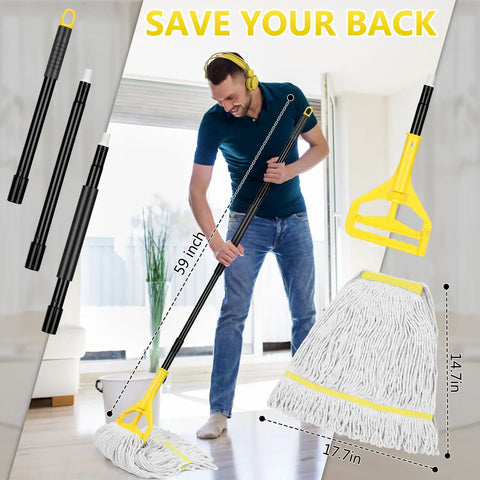 Heavy Duty Commercial Cotton String Mop With 59 Inch Handle And Replaceable Head Top Shelf Wet Floor Scrubber For Garage Warehouse Cleanup No Sweat Grime Removal in action with a user.