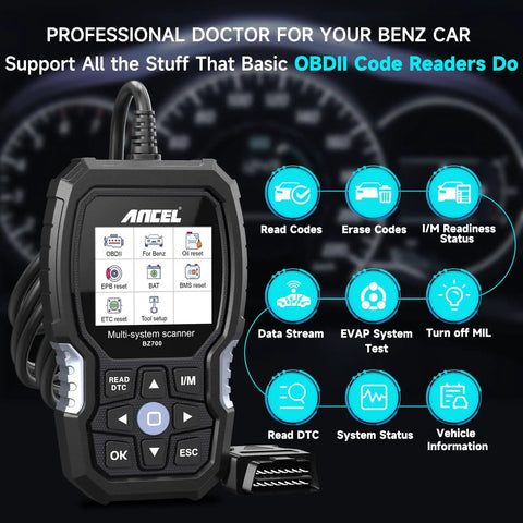 Mercedes Benz Sprinter Smart OBD2 Scanner Pro All Systems Diagnostic Tool with display and connected cable shown