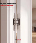 Sleek Concealed Door Hinges In Satin Nickel Finish Featuring A Zero Gap Flush Mount Design With Full Mortised Installation shown close-up on a door.