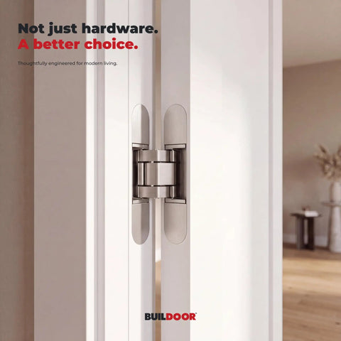 Sleek Concealed Door Hinges In Satin Nickel Finish Featuring A Zero Gap Flush Mount Design With Full Mortised Installation shown close-up on a door.