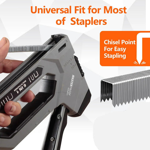 Heavy Duty T50 Galvanized Staples 5000 Piece Bulk Pack 9/16 Length 3/8 Crown Fits Manual Electric Pneumatic Staple Guns holding in hand.