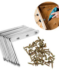 Stainless Steel L Shaped Corner Bracket For Furniture Fixing With Screws, Heavy Duty 90 Degree Angle Plate Bracket, Built Solid Cabinet And Table Support For Home Or Factory Use, shown in use with drill