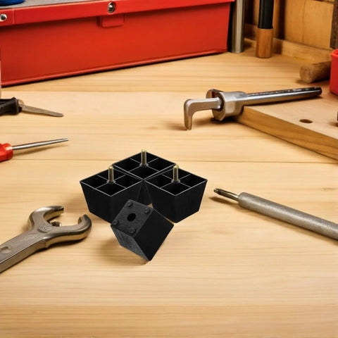 8 Pack Square Plastic And Metal Threaded Furniture Feet With Built In Bolt, 3 Inch Adjustable Screw In Chair Leg Levelers on workbench