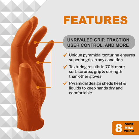 Extreme Duty Orange Nitrile Gloves With 8 Plus Mil Thickness And Textured Non Slip Grip built tough as nails for mechanics and tradesmen.