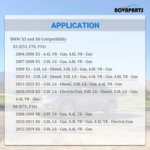 Application chart for Heater Control Valve Solenoid For BMW X5 X6 2004 2019 E53 E70 F15 F16 showing compatibility details