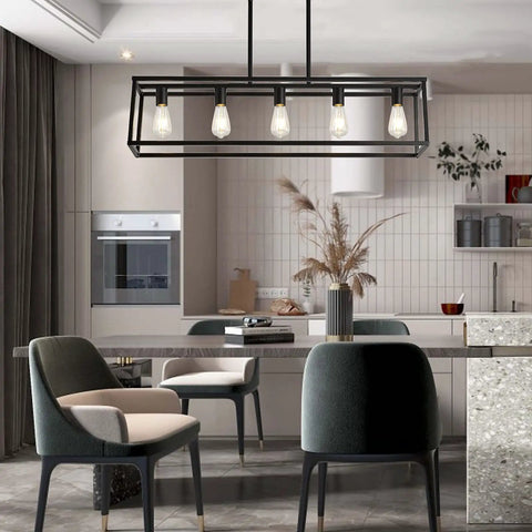Farmhouse Black 5 Light Kitchen Island Pendant Light Set hanging over modern dining table in stylish kitchen.