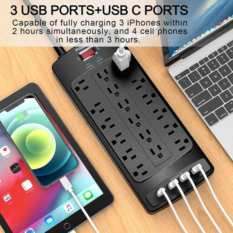 18 Outlet Surge Protector Power Strip With 6 Feet Flat Plug Heavy Duty Extension Cord 2100 Joules Surge Protection 4 USB Ports Black Overload Protection Ideal For Computer Desks And Home Office, top view on desk
