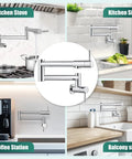 19 Inch Wall Mount Pot Filler Faucet With Folding Stretchable Swing Arm in various kitchen settings