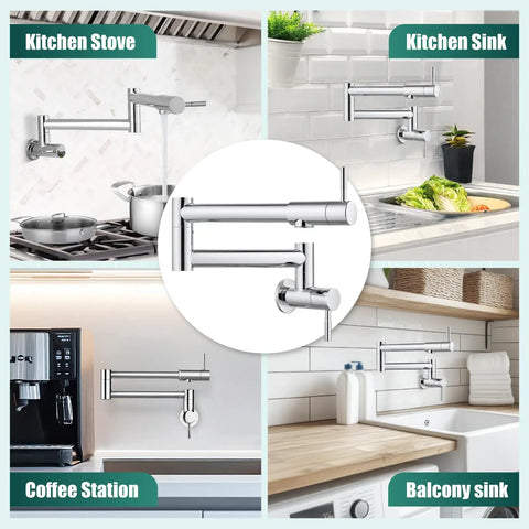 19 Inch Wall Mount Pot Filler Faucet With Folding Stretchable Swing Arm in various kitchen settings