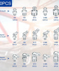 Image of Metric Grease Fittings Kit including sizes 1/4 inch, 1/8 inch, M6, M8, M10 with straight, 45° and 90° heads, 100 pieces displayed.