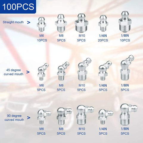 Image of Metric Grease Fittings Kit including sizes 1/4 inch, 1/8 inch, M6, M8, M10 with straight, 45° and 90° heads, 100 pieces displayed.