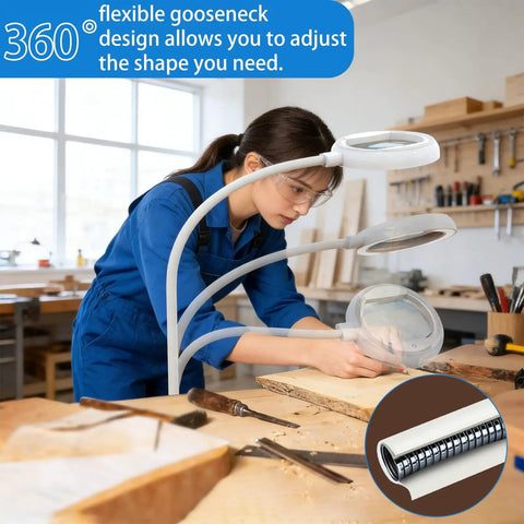 Woman using Eight Times Magnification Floor Magnifying Glass With Light And Stand in woodworking shop, focus on 360° gooseneck.