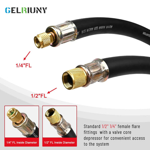 Cool HVAC Evacuation Kit With Upgraded 1/2 Hose For Fast A/C Repair And Refrigerant Service On R410a, R134a, And More Units Made Easy. 1/2 in hose with brass 1/4 and 1/2 FL fittings