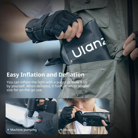 Person placing a small deflated black Bi Color 20W Inflatable LED Tube Light For On The Go Filming Portable Handheld Magnetic Mount into a pocket.