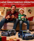 Father and son playing with one twenty fourth scale RC drift cars with four wheel drive dual speed up to twenty kilometers per hour LED lights