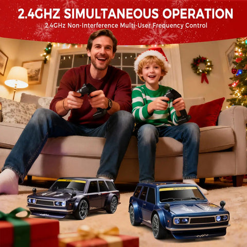 Father and son playing with one twenty fourth scale RC drift cars with four wheel drive dual speed up to twenty kilometers per hour LED lights