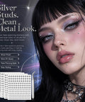 Stick On Fake Piercings Set With Silver Balls For Lip Nose Eyebrow Piercings, Fake Lip Stud And Nose Stud Options, 3mm 4mm 5mm 6mm Sizes, Includes 4 Sheets Of Lookalike Jewelry. Woman with silver stick-on studs on eyebrow, nose, and lip, with four sheets shown.