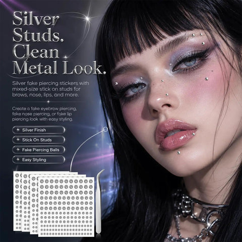 Stick On Fake Piercings Set With Silver Balls For Lip Nose Eyebrow Piercings, Fake Lip Stud And Nose Stud Options, 3mm 4mm 5mm 6mm Sizes, Includes 4 Sheets Of Lookalike Jewelry. Woman with silver stick-on studs on eyebrow, nose, and lip, with four sheets shown.