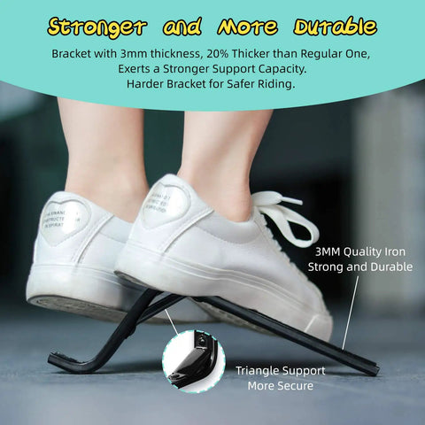 Child's foot pressing on heavy duty bicycle training wheels for 14 to 20 inch bikes with durable steel bracket support.