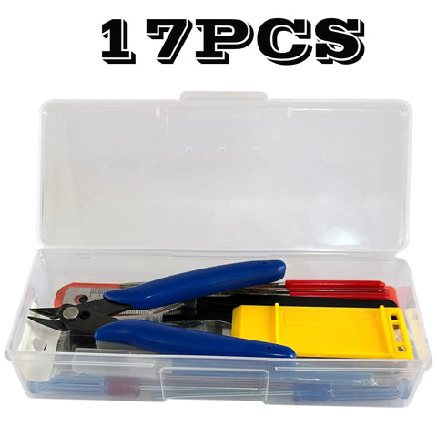 Ultimate 21 Piece Dollhouse Miniature Modeling DIY Tool Kit For Handy Hobbyists in a transparent box with side pliers visible.