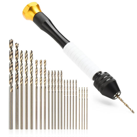 Pin Vise Hand Drill Kit With 22 Piece Micro Drill Bits Set 0.6mm To 2.5mm for jewelry making, resin, and small DIY projects.