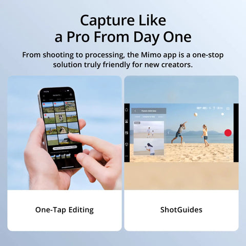 Osmo Mobile 7 Gimbal Stabilizer editing interface featuring One-Tap Edit and ShotGuides on a smartphone screen.
