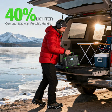 Person loading Power On The Go Portable Power Station With 1000W Output And 999Wh Capacity Solar Generator into vehicle on snowy day.