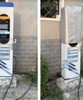 Rock Solid EV Charger Cover Heavy Duty Waterproof Shell on outdoor charging station for protection against weather.