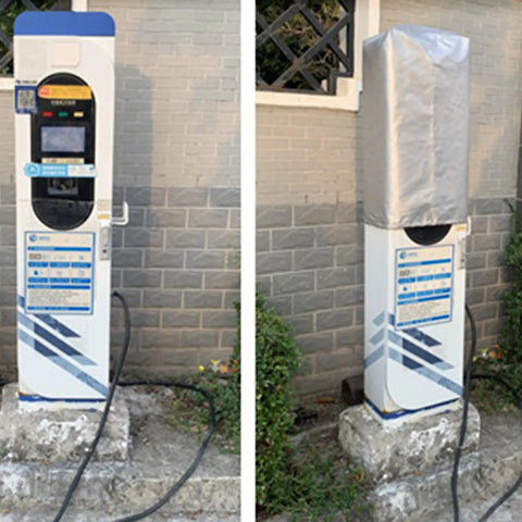 Rock Solid EV Charger Cover Heavy Duty Waterproof Shell on outdoor charging station for protection against weather.
