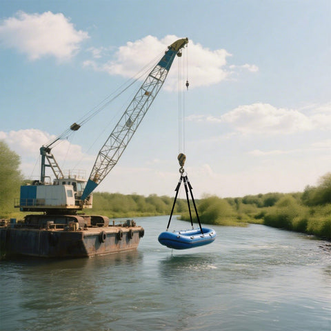 Crane hoisting inflatable boat using Three Leg Universal Dinghy Lift Slings For Inflatable Boats with nylon webbing