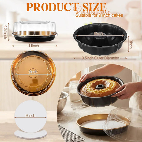 All In One Cake Baking And Transport Kit With Nonstick 9.5 Inch Ring Pan, showcasing pan and carriers for 9-inch cakes.