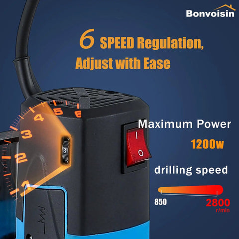 Close-up of Mini Benchtop Drill Press With 6 Variable Speeds Up To 2800 RPM, 1200W Power, showing speed dial and power switch.
