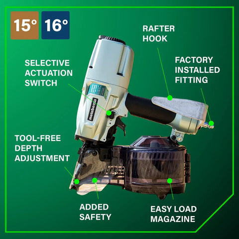 Pro Siding And Light Framing Coil Nailer For 16 Degree Wire Nails And 15 Degree Plastic Nails, Lightweight Pneumatic Nail Gun Weighing 5.7 Lbs For Quick Siding And Framing Jobs, NV75A5 with added safety features