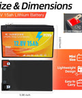 Size and dimensions of 12V 15Ah LiFePO4 Battery With Built-In BMS, 4000+ Deep Cycles, Waterproof, Lightweight 3.5 Lb