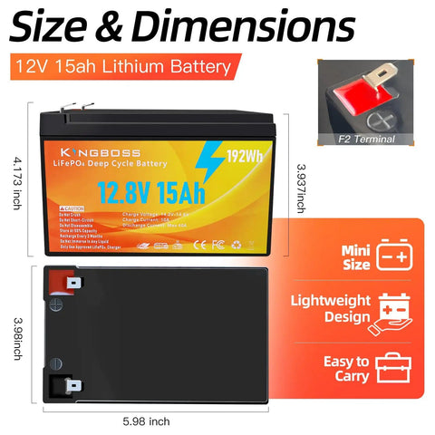 Size and dimensions of 12V 15Ah LiFePO4 Battery With Built-In BMS, 4000+ Deep Cycles, Waterproof, Lightweight 3.5 Lb