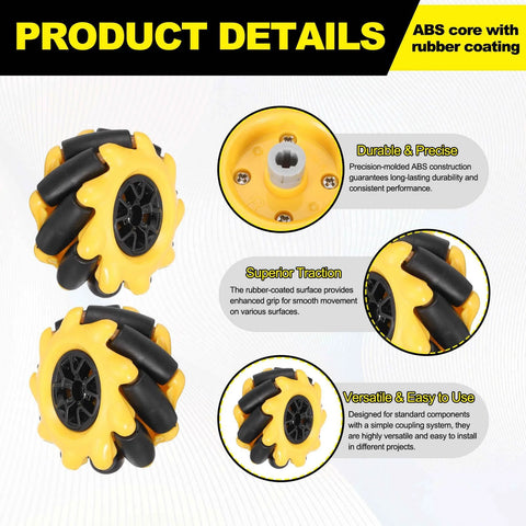 Two yellow 48mm Mecanum wheels with black rubber rollers and ABS hub for omnidirectional robot cars.