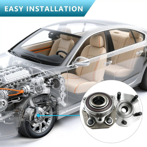 Premium Quality Fresh Pair Of Front Wheel Bearing Hub Assemblies For Tesla Model 3 And Model Y AWD viewed with easy installation graphics.