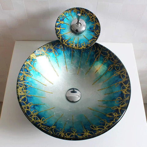 USZWBY Gradient Color Artistic Vessel Sink Bowl-Shaped Tempered Glass Above Counter Bathroom Washing Basin Combo with Waterfall Faucet, Modern Lavatory Bowl, 17.71", Gold - Top view of bowl-shaped glass sink.