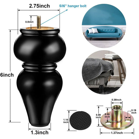 Diagram of 6 Inch Black Wood Furniture Legs Set of 4 for Sofas, Chairs, Coffee Tables and Beds, showing dimensions and features.