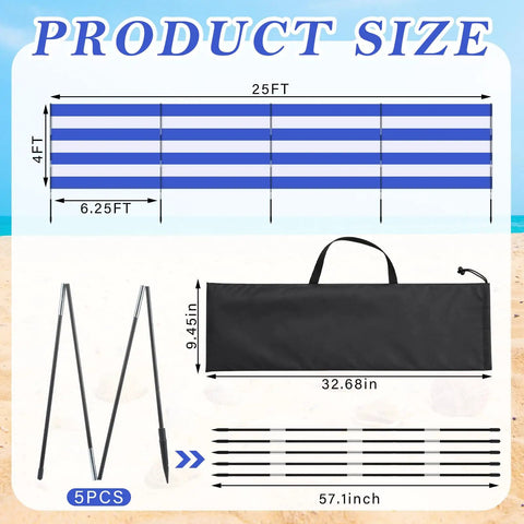 Diagram of Long Beach Wind Screen 25 Ft By 4 Ft Privacy Fence With 5 Foldable Metal Poles and Carry Bag dimensions