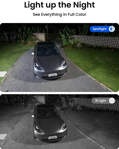 Hardcore 12MP Outdoor PoE Bullet Camera For Legit Home Security Featuring Ultra Sharp Full Color Night Vision Plus Integrated Light Bar view of car at night with color and infrared modes.