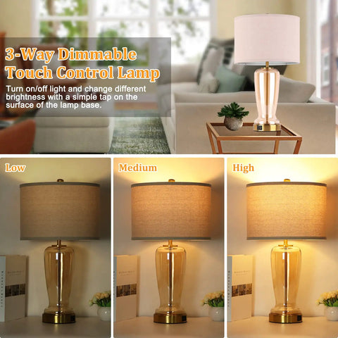 Gold Glass Table Lamps Set Of 2 With USB Ports And Touch Nightstand Control 3 Way Dimmable Modern Bedside Lamps for living room