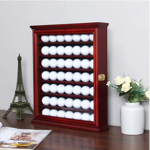7 Shelf Golf Ball Display Case With Solid Pine Wood And Lockable Glass Door UV Protected To Prevent Fading Holds Up To 49 Golf Balls