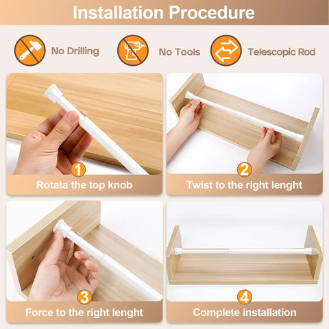 Installation steps for 4 Pack Short Spring Tension Curtain Rods 8 To 12 Inches No Drill Mini DIY Slim Window Cupboard Sidelight White.