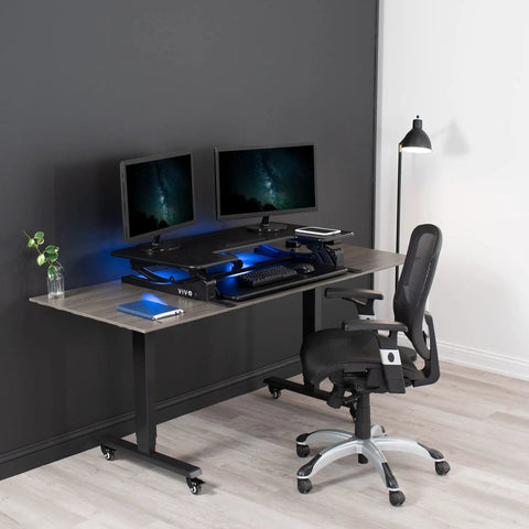 Electric Height Adjustable Desk Converter With Sit To Stand Function And Dual Monitor Riser 42 Inch Workstation Black Finish
