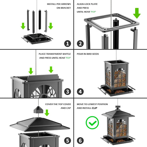 Assembly instructions for Two Pack Outdoor Hanging Bird Feeders With One Minute Easy Assembly Classic Courtyard Design Attract Cardinals Chickadees Goldfinches Sparrows Total Seven Pound Capacity Black.