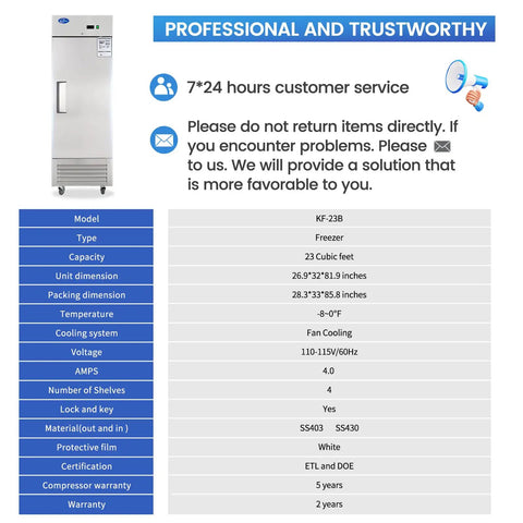 Top Shelf Commercial Upright Freezer With Twenty Three Cubic Foot Capacity And Four Heavy Duty Shelves Featuring Sleek Stainless Steel Build.