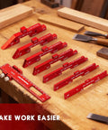 Top Tier Dead Nuts Precise 8 Piece 6061 T6 Aluminum Setup Blocks Pro Grade Woodworking Gauge Set displaying precision blocks on a wooden table.